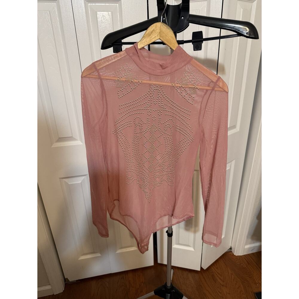 IRIS Pink Studded Sheer Long Sleeve Bodysuit Plus Size 2X